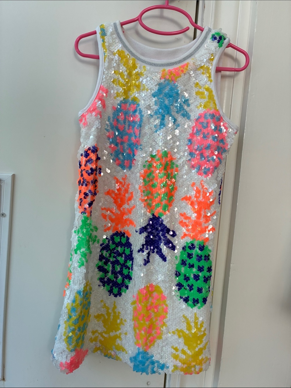 MIA White Sequin Pineapple Tank Dress with Neon Pineapple Motifs